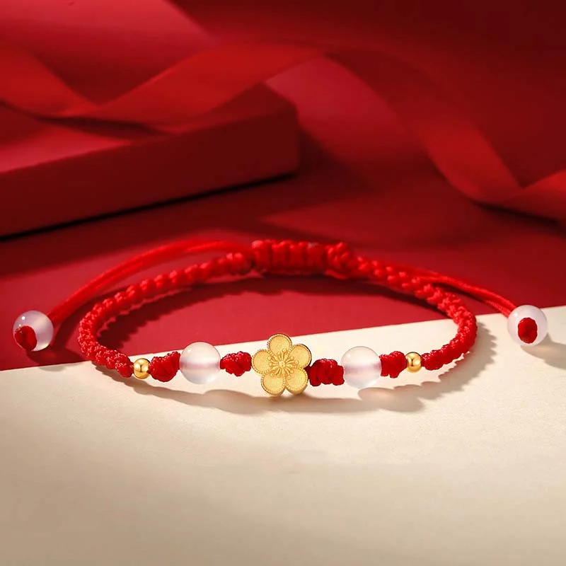Chic Bangles for Women-Buddha Stones Handmade 925 Sterling Silver Peach Blossom Cherry Sakura Chalcedony Bead Luck Red Rope Bracelet