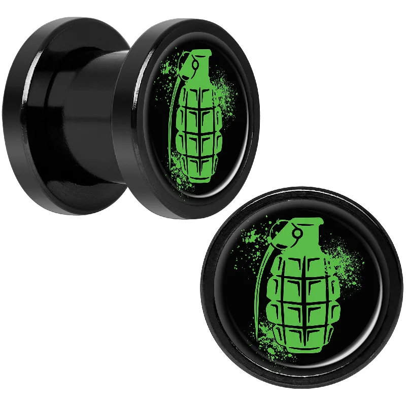 Women's Earrings – Elegant Designs for Every Personality--Green Grenade Black Anodized Screw Fit Plug Set 0 Gauge Women's Earrings – Elegant Designs for Every Personality--Green Grenade Black Anodized Screw Fit Plug Set 0 Gauge