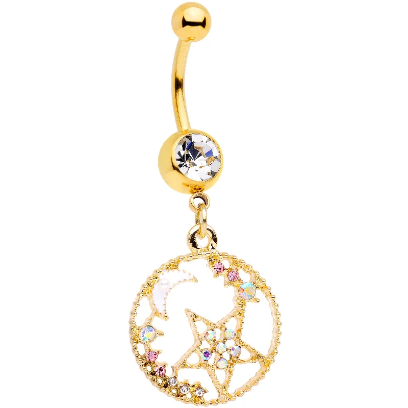 Trendy Belly Rings for Fashion-Loving Women -Clear Aurora Gem Gold Tone Circle Star Moon Dangle Belly Ring Trendy Belly Rings for Fashion-Loving Women -Clear Aurora Gem Gold Tone Circle Star Moon Dangle Belly Ring