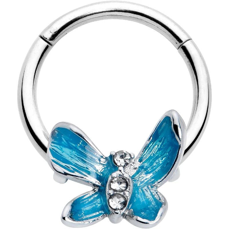 Easy-Wear Nose Rings -16 Gauge 3/8 Clear Gem Chunky Butterfly Blue Hinged Segment Ring Easy-Wear Nose Rings -16 Gauge 3/8 Clear Gem Chunky Butterfly Blue Hinged Segment Ring