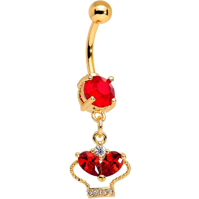 Elegant Belly Rings for Chic Fashionistas -Red CZ Gem Gold Tone Anodized Queens Crown Dangle Belly Ring Elegant Belly Rings for Chic Fashionistas -Red CZ Gem Gold Tone Anodized Queens Crown Dangle Belly Ring