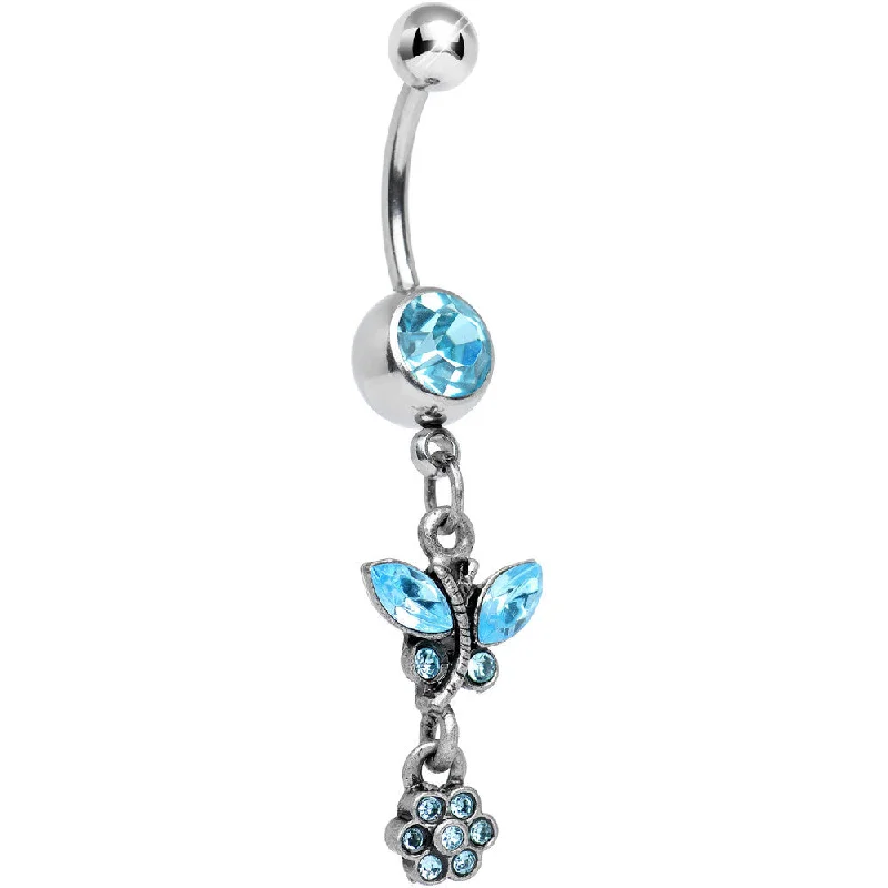 Belly Rings with Unique Shape for Stylish Piercings -Antique Silver Floral Ivy Solar Blue Gem Dangle Belly Ring Belly Rings with Unique Shape for Stylish Piercings -Antique Silver Floral Ivy Solar Blue Gem Dangle Belly Ring