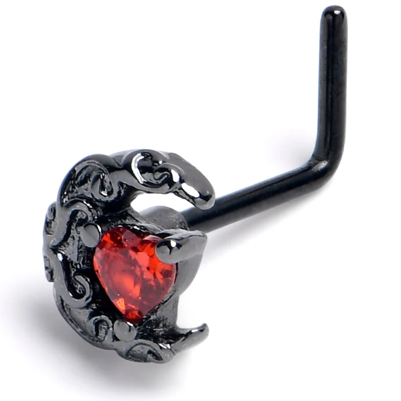 Nose Rings for Beautiful Styling -20 Gauge 7mm Red Gem Black Scroll Moon Heart L Shape Nose Ring Nose Rings for Beautiful Styling -20 Gauge 7mm Red Gem Black Scroll Moon Heart L Shape Nose Ring