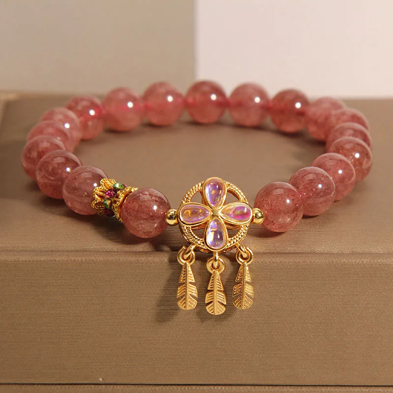 Women's Bangles with Adjustable Size-Buddha Stones Natural Strawberry Quartz Four Leaf Clover Dreamcatcher Charm Love Bracelet Women's Bangles with Adjustable Size-Buddha Stones Natural Strawberry Quartz Four Leaf Clover Dreamcatcher Charm Love Bracelet