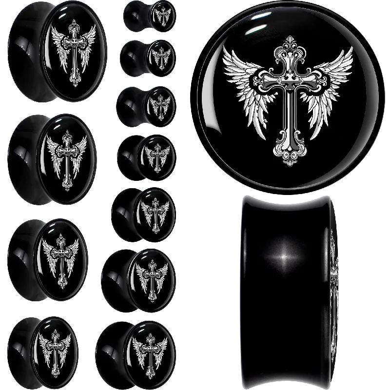 Women's Earrings – Elegant Designs for Every Personality--0 Gauge Black White Winged Cross Black Acrylic Saddle Plug Set