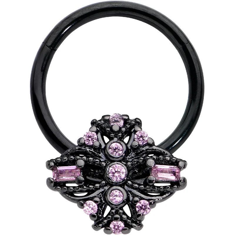 Stunning Nose Rings with Precious Stones -16 Gauge 3/8 Pink Gem Black Opulent Cross Hinged Segment Ring Stunning Nose Rings with Precious Stones -16 Gauge 3/8 Pink Gem Black Opulent Cross Hinged Segment Ring