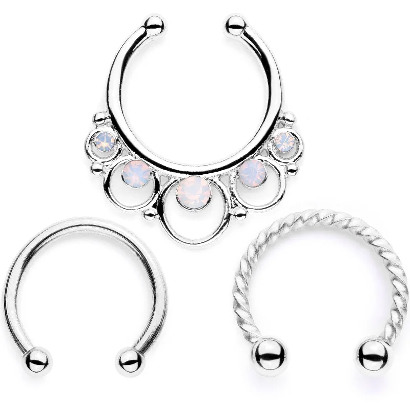 Stunning Nose Rings with High-Quality Finishes -16 Gauge White Faux Opal Twisted Horseshoe Clip On Fake Septum Ring Set Stunning Nose Rings with High-Quality Finishes -16 Gauge White Faux Opal Twisted Horseshoe Clip On Fake Septum Ring Set