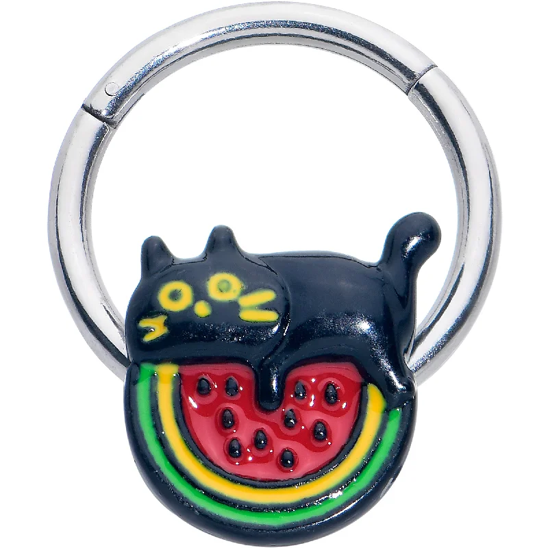 Designer Nose Rings for Luxury -16 Gauge 3/8 Watermelon Cat Love Hinged Segment Ring