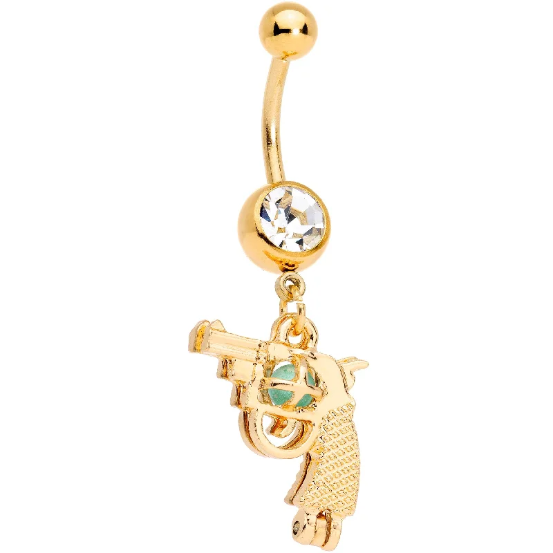 Classic Silver Belly Rings for Sleek Fashion -Clear Gem Gold Tone Glow in the Dark Revolver Dangle Belly Ring Classic Silver Belly Rings for Sleek Fashion -Clear Gem Gold Tone Glow in the Dark Revolver Dangle Belly Ring