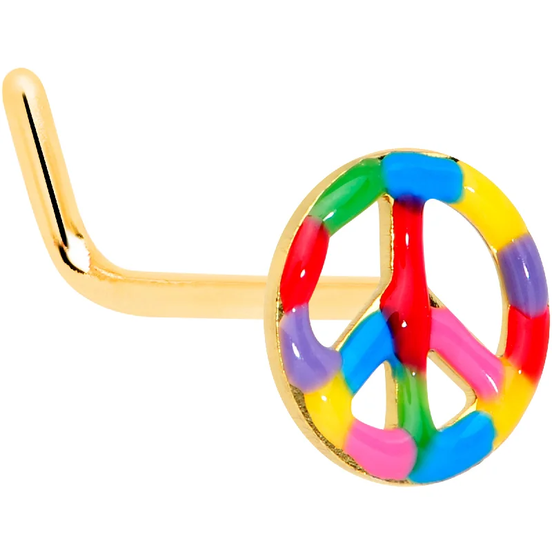 Nose Rings for Quick Wear -22 Gauge 5/16 Gold Tone Rainbow Hippie Peace Sign L Shaped Nose Ring Nose Rings for Quick Wear -22 Gauge 5/16 Gold Tone Rainbow Hippie Peace Sign L Shaped Nose Ring