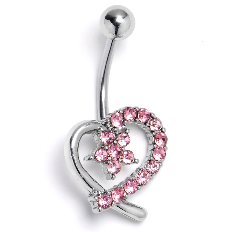Chic Belly Rings with Gemstone Accents -Pink CZ Gem Internally Threaded Blossom Heart Belly Ring
