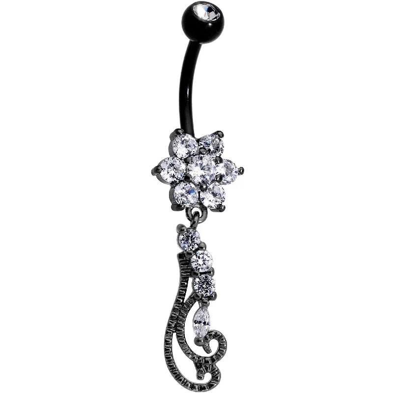 Custom Belly Rings for Exclusive Style -Clear Gem Black Anodized Filigree Flower Swirl Dangle Belly Ring Custom Belly Rings for Exclusive Style -Clear Gem Black Anodized Filigree Flower Swirl Dangle Belly Ring