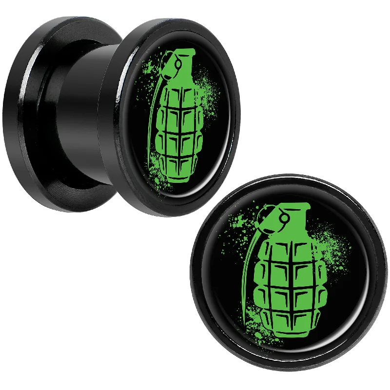 Women's Earrings – Elegant Designs for Every Personality--Green Grenade Black Anodized Screw Fit Plug Set 00 Gauge Women's Earrings – Elegant Designs for Every Personality--Green Grenade Black Anodized Screw Fit Plug Set 00 Gauge