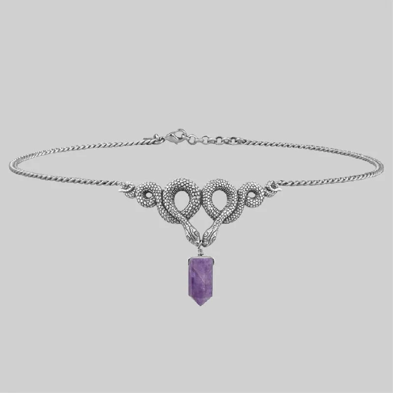 Shop Classic Women's Necklaces & Pendants with a Modern Twist-A DARK LURE. Snake & Amethyst Gemstone Chain Choker Shop Classic Women's Necklaces & Pendants with a Modern Twist-A DARK LURE. Snake & Amethyst Gemstone Chain Choker