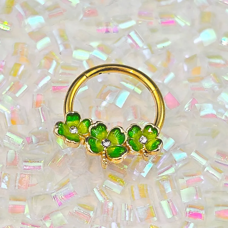 Women's Earrings – Elegant Designs for Every Personality--16 Gauge 3/8 Clear Gem Gold Tone Lucky Shamrock Hinged Segment Ring Women's Earrings – Elegant Designs for Every Personality--16 Gauge 3/8 Clear Gem Gold Tone Lucky Shamrock Hinged Segment Ring