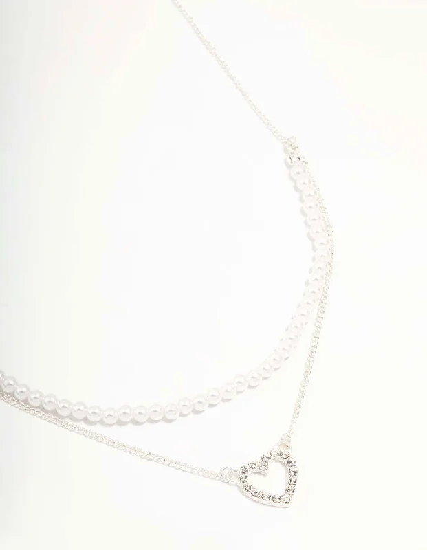 Shop Classic Women's Necklaces & Pendants with a Modern Twist-Silver Pearl & Diamante Heart Layered Necklace Shop Classic Women's Necklaces & Pendants with a Modern Twist-Silver Pearl & Diamante Heart Layered Necklace