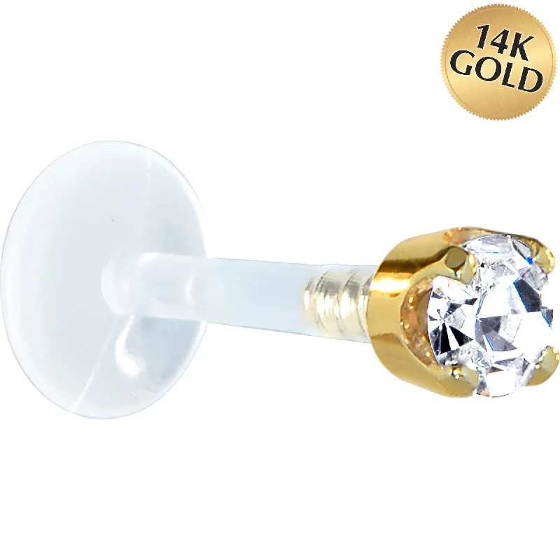 Women's Earrings – Elegant Designs for Every Personality--16 Gauge 5/16 Solid 14KT Yellow Gold 3mm Clear Cubic Zirconia Bioplast Tragus Earring Stud