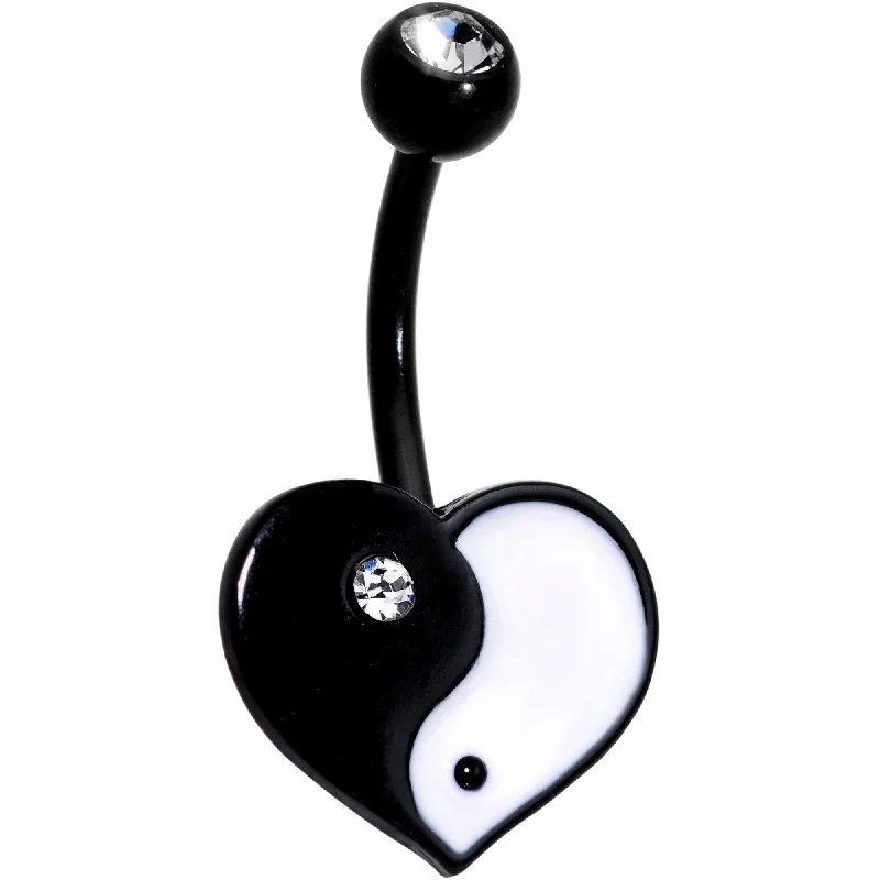 Designer Belly Rings with Stunning Finish -Clear Gem Black Anodized Yin Yang Heart Belly Button Ring Designer Belly Rings with Stunning Finish -Clear Gem Black Anodized Yin Yang Heart Belly Button Ring