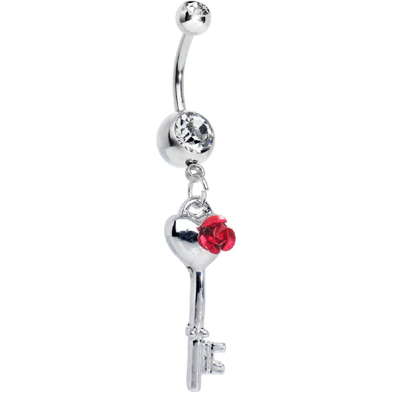 Designer Belly Rings with Exclusive Appeal -Crystalline Gem Blooming Rose Flower and Heart Key Dangle Belly Ring Designer Belly Rings with Exclusive Appeal -Crystalline Gem Blooming Rose Flower and Heart Key Dangle Belly Ring