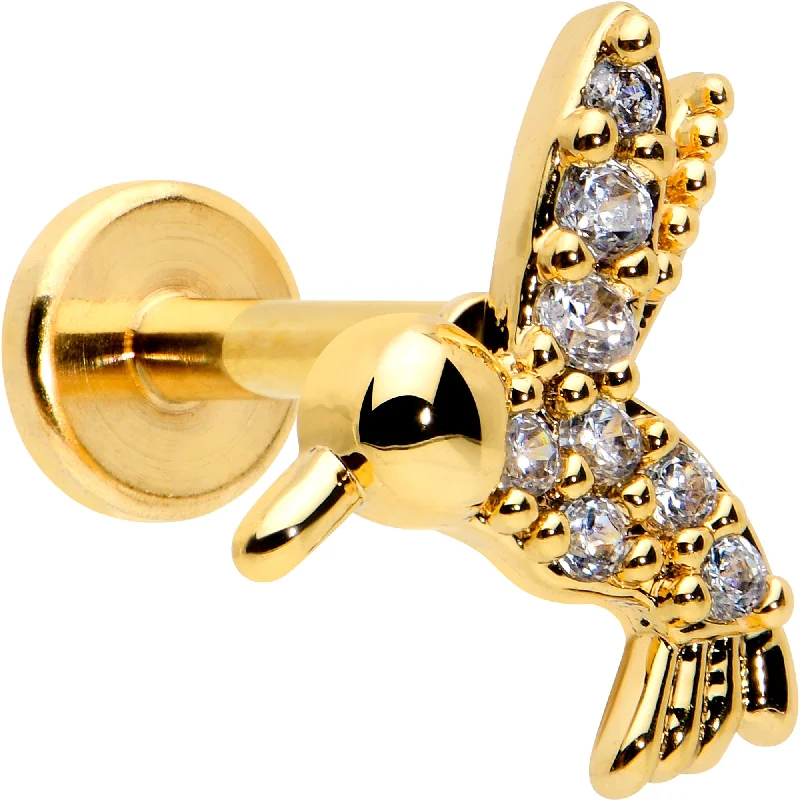 Beautiful Lip Rings with Classic Design16 Gauge 1/4 Clear CZ Gem Gold Tone Interal Thread Hummingbird Labret