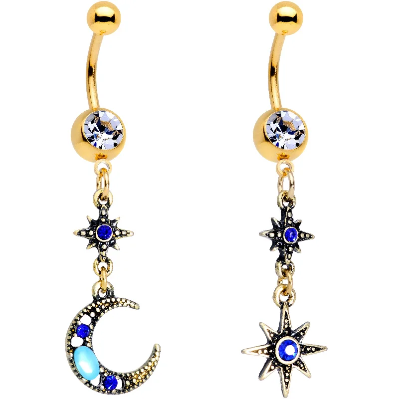 Stunning Belly Rings with Shiny Stones -Blue Gem Gold PVD Blue Celestial Moon Star Dangle Belly Ring Set of 2 Stunning Belly Rings with Shiny Stones -Blue Gem Gold PVD Blue Celestial Moon Star Dangle Belly Ring Set of 2