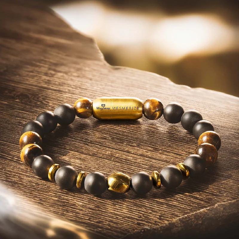 Men's Bracelets with Minimalist Silver Designs-Onyx Gold Tiger Eye Natural Stone Bracelet with MagSnap 2