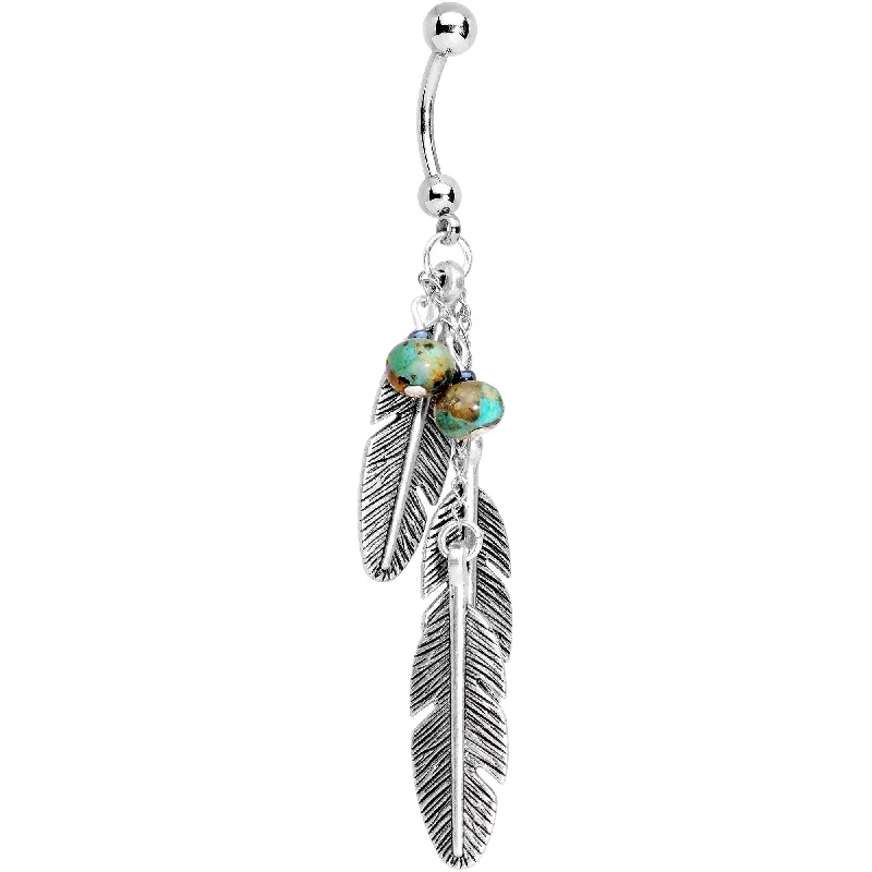 Beautiful Belly Rings with Shiny Detail -Handcrafted African Turquoise Triple Feather Dangle Belly Ring