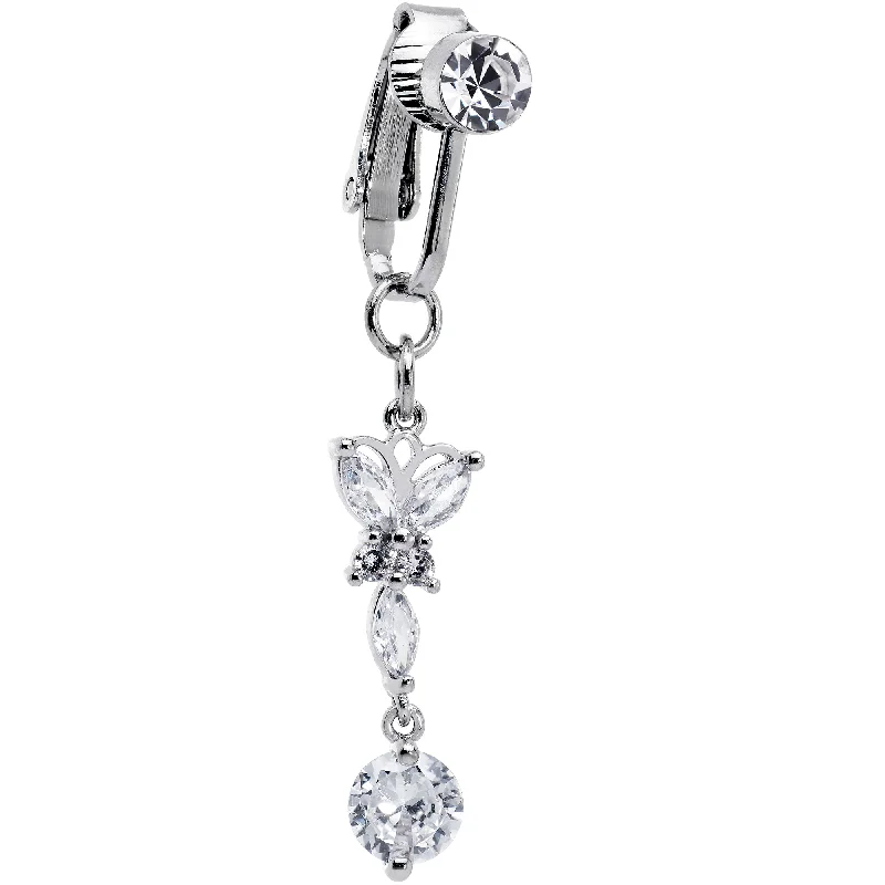 Trendy Belly Rings for Glamorous Fashion -Clear CZ Gem Butterfly Baroque Drop Dangle Clip on Fake Belly Ring Trendy Belly Rings for Glamorous Fashion -Clear CZ Gem Butterfly Baroque Drop Dangle Clip on Fake Belly Ring