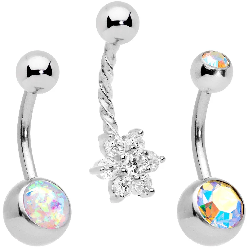 Trendy Belly Rings with Modern Touch -Clear Aurora Gem White Faux Opal Daffodil Belly Ring Set of 3