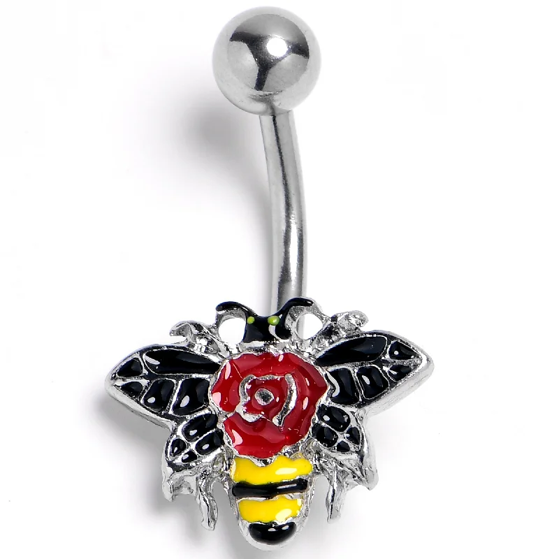 Belly Rings with Bold and Unique Stones -14 Gauge 3/8 Buzzing Bee Rose Flower Belly Ring Belly Rings with Bold and Unique Stones -14 Gauge 3/8 Buzzing Bee Rose Flower Belly Ring