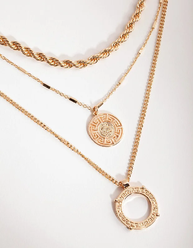 Shop Classic Women's Necklaces & Pendants with a Modern Twist-Gold Greek Key Disc Layered Necklace Shop Classic Women's Necklaces & Pendants with a Modern Twist-Gold Greek Key Disc Layered Necklace