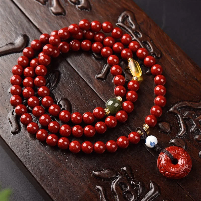 Men's Stretch Leather Bracelets-Buddha Stones Tibetan Cinnabar Peace Buckle Triple Wrap Blessing Bracelet Mala Men's Stretch Leather Bracelets-Buddha Stones Tibetan Cinnabar Peace Buckle Triple Wrap Blessing Bracelet Mala