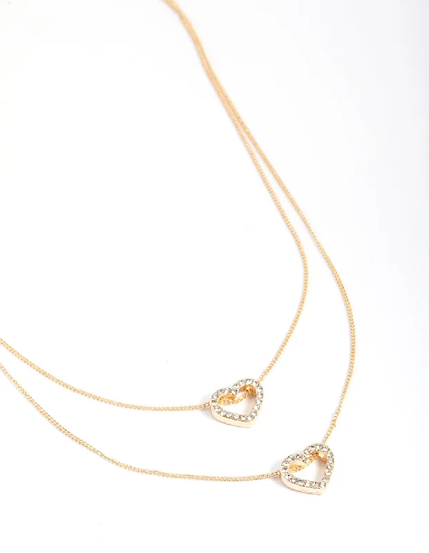 Shop Classic Women's Necklaces & Pendants with a Modern Twist-Gold Double Diamante Open Heart Necklace Shop Classic Women's Necklaces & Pendants with a Modern Twist-Gold Double Diamante Open Heart Necklace