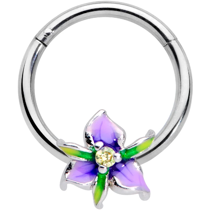Women's Earrings – Elegant Designs for Every Personality--16 Gauge 3/8 Clear Gem Purple Iris Flower Hinged Segment Ring Women's Earrings – Elegant Designs for Every Personality--16 Gauge 3/8 Clear Gem Purple Iris Flower Hinged Segment Ring