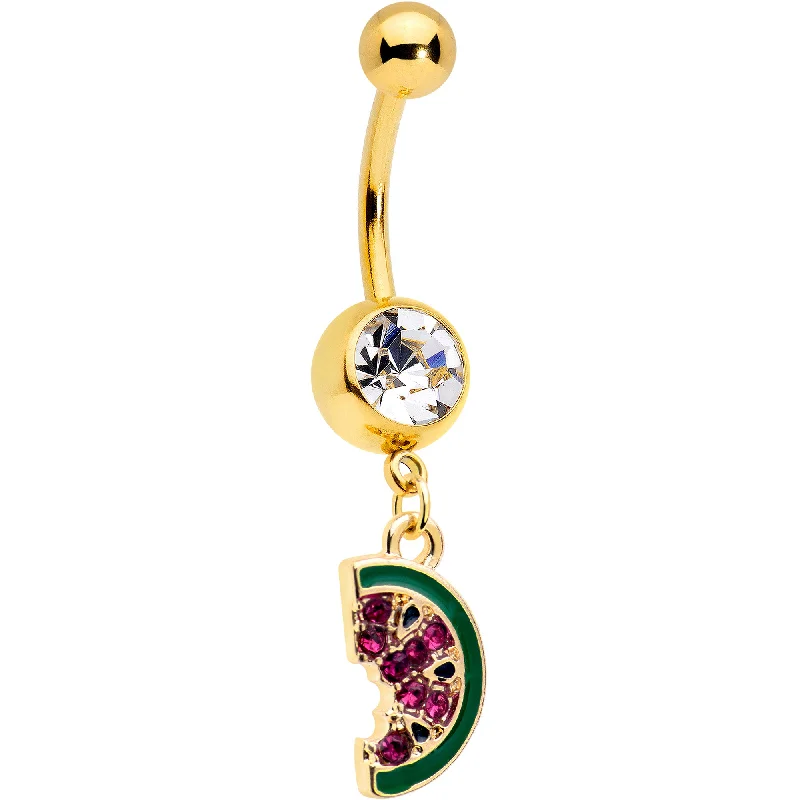 Trendy Belly Rings with Sparkling Stones -Clear Gem Gold Tone Watermelon Bite Dangle Belly Ring Trendy Belly Rings with Sparkling Stones -Clear Gem Gold Tone Watermelon Bite Dangle Belly Ring