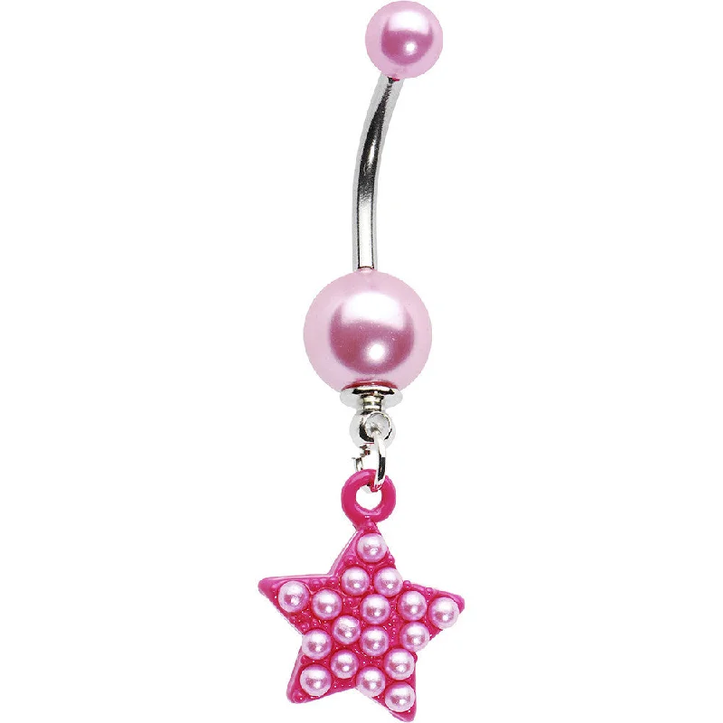 Beautiful Belly Rings for Elegant Appeal -Pink Faux Pearl Star Dangle Belly Ring