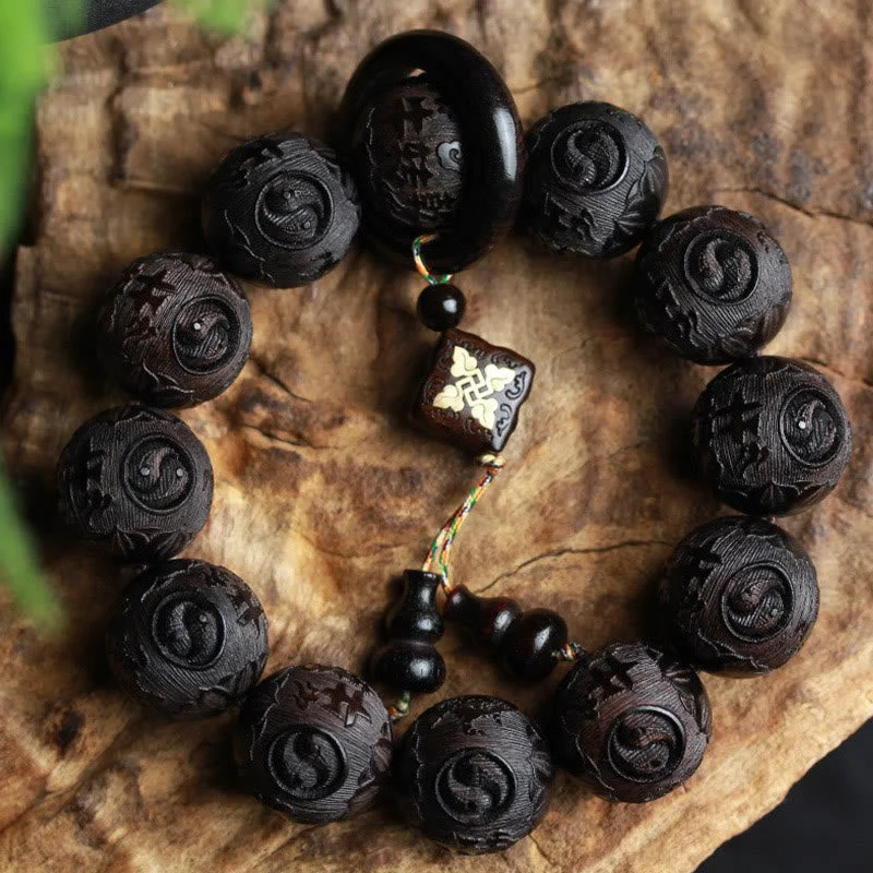 Personalized Beaded Bracelets for Men-Buddha Stones Ebony Wood Chinese Character Yin Yang Engraved Gourd Balance Bracelet Personalized Beaded Bracelets for Men-Buddha Stones Ebony Wood Chinese Character Yin Yang Engraved Gourd Balance Bracelet