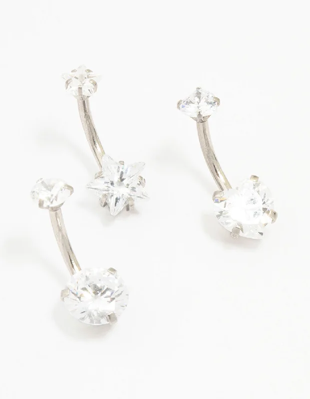 Designer Belly Rings with Artistic Features -Surgical Steel Star & Heart Crystal Belly Piercing 3-Pack Designer Belly Rings with Artistic Features -Surgical Steel Star & Heart Crystal Belly Piercing 3-Pack