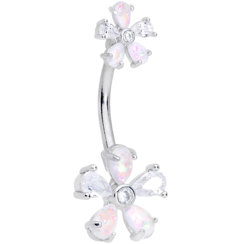 Sparkling Belly Rings with Beautiful Stone Work -White Faux Opal Five Petal Flower Double Mount Belly Ring Sparkling Belly Rings with Beautiful Stone Work -White Faux Opal Five Petal Flower Double Mount Belly Ring
