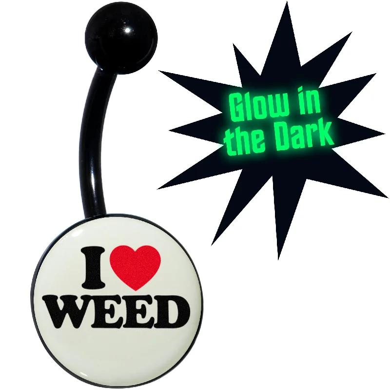 Trendy Belly Rings for Bold Looks -Black Anodized Glow in the Dark I Love Weed Belly Ring Trendy Belly Rings for Bold Looks -Black Anodized Glow in the Dark I Love Weed Belly Ring