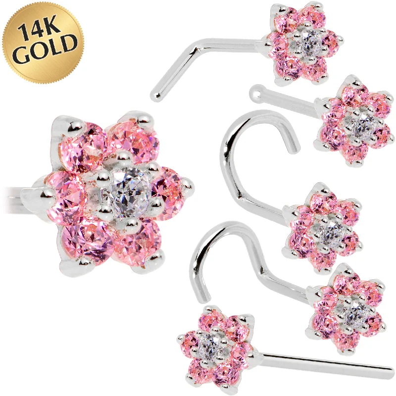Minimalistic Nose Rings for Trendy Look -Solid 14KT White Gold Pink and Clear Cubic Zirconia Flower Nose Ring Minimalistic Nose Rings for Trendy Look -Solid 14KT White Gold Pink and Clear Cubic Zirconia Flower Nose Ring