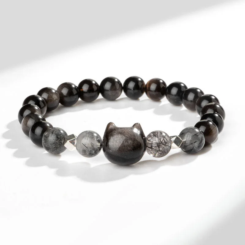 Men's Bracelets with Engraved Designs for Special Gifts-Buddha Stones Natural Silver Sheen Obsidian Cute Cat Head Protection Bracelet Men's Bracelets with Engraved Designs for Special Gifts-Buddha Stones Natural Silver Sheen Obsidian Cute Cat Head Protection Bracelet