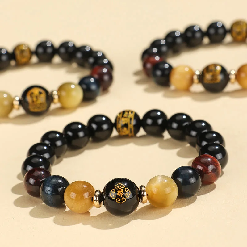 Men's Engraved Bracelets for Special Occasions-Buddha Stones Black Onyx Tiger Eye Om Mani Padme Hum Chinese Zodiac Natal Buddha Support Bracelet Men's Engraved Bracelets for Special Occasions-Buddha Stones Black Onyx Tiger Eye Om Mani Padme Hum Chinese Zodiac Natal Buddha Support Bracelet