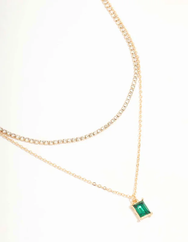 Shop Classic Women's  Necklaces & Pendants with a Modern Twist-Gold Diamante & Baguette Cut Green Diamante Layered Necklace