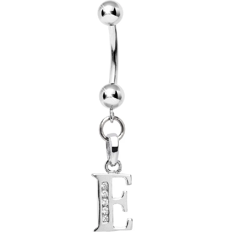 Comfortable Belly Rings for Everyday Wear -16 Gauge Solid 14kt White Gold CZ Initial E Belly Ring Comfortable Belly Rings for Everyday Wear -16 Gauge Solid 14kt White Gold CZ Initial E Belly Ring