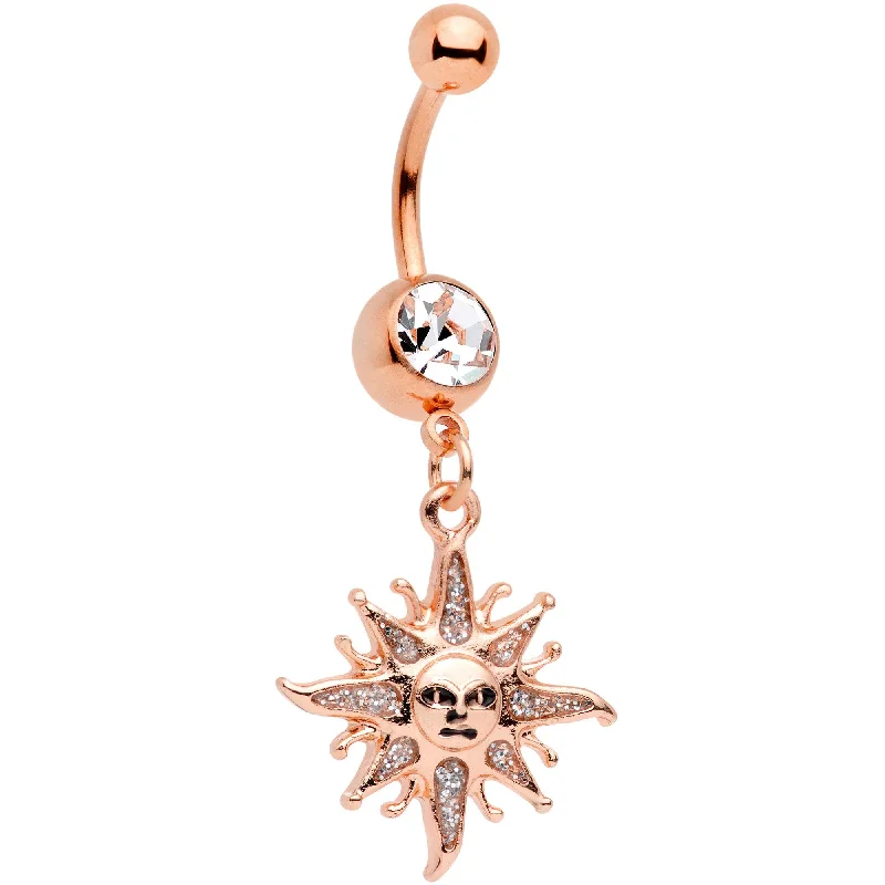 Comfortable Belly Rings for Active Fashionistas -Clear Gem Rose Gold Tone Heavenly Sun Dangle Belly Ring Comfortable Belly Rings for Active Fashionistas -Clear Gem Rose Gold Tone Heavenly Sun Dangle Belly Ring