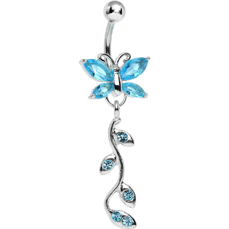 Elegant Belly Rings with Luxurious Appeal -Aqua Gem Butterfly Vine Dangle Belly Ring Elegant Belly Rings with Luxurious Appeal -Aqua Gem Butterfly Vine Dangle Belly Ring