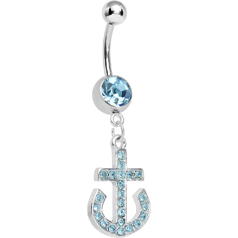 Comfortable Belly Rings for Casual Looks -Aqua Gem Paved Sparkling Anchor Dangle Belly Ring Comfortable Belly Rings for Casual Looks -Aqua Gem Paved Sparkling Anchor Dangle Belly Ring