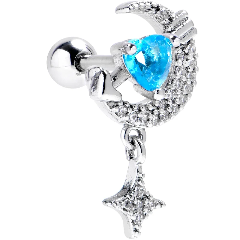 Women's Earrings – Elegant Designs for Every Personality--16 Gauge 1/4 Blue CZ Gem Moon Lover Dangle Cartilage Tragus Earring
