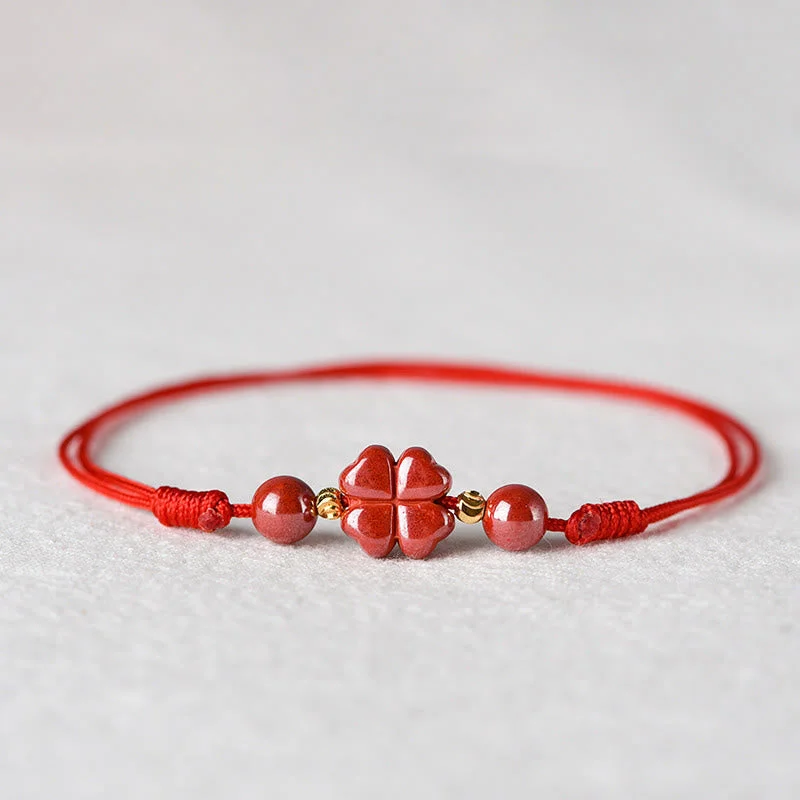 Leather Bracelets with Metal Accents for Men-Buddha Stones Four Leaf Clover Cinnabar Blessing Calm String Bracelet Anklet Leather Bracelets with Metal Accents for Men-Buddha Stones Four Leaf Clover Cinnabar Blessing Calm String Bracelet Anklet
